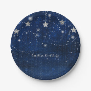 Bright Blue & Silver Starry Celestial Party Paper Plate