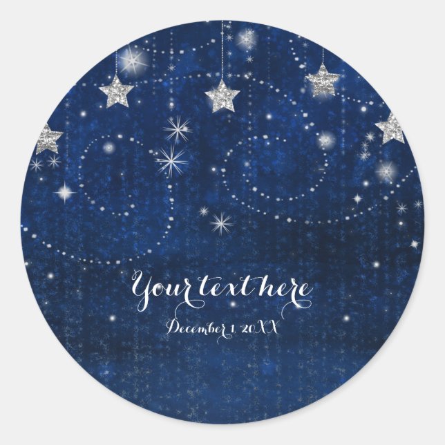 Bright Blue & Silver Starry Night Celestial Favour Classic Round Sticker (Front)