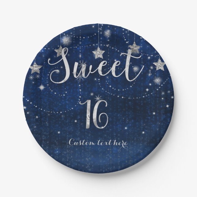 Bright Blue & Silver Starry Sweet 16 Party Paper Plate (Front)