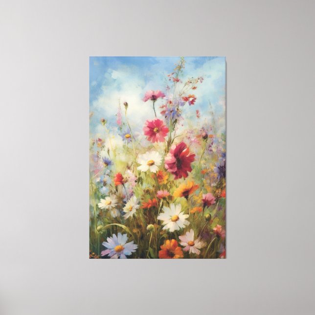 Bright Blue Sky over Wildflower Field Oil Painting Canvas Print (Front)