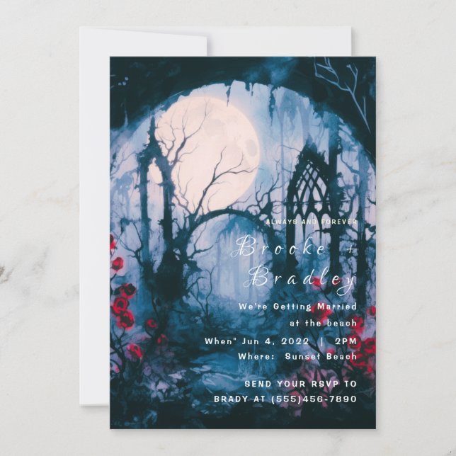 Bright Blue Sky & Red Roses Gothic Wedding Invitation (Front)