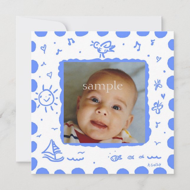Bright Blue Songbird Birth Announcement (Front)