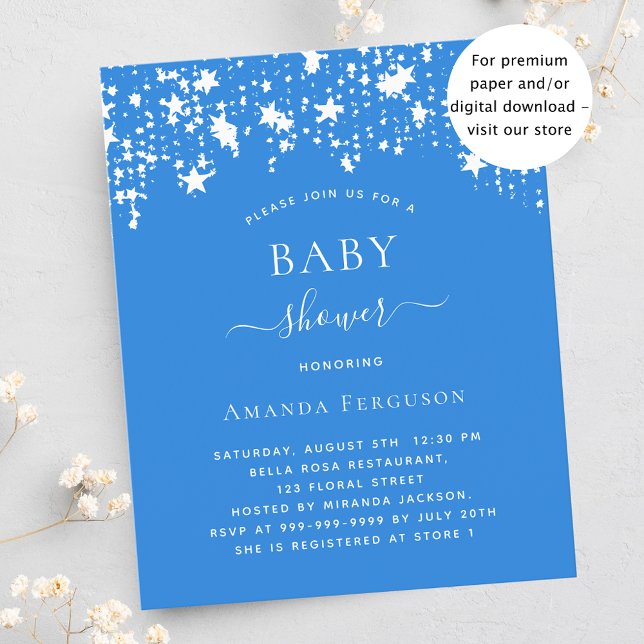 Bright blue star boy baby shower budget invitation (Creator Uploaded)