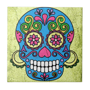 Bright Blue Sugar Skull Day of the Dead! Tile
