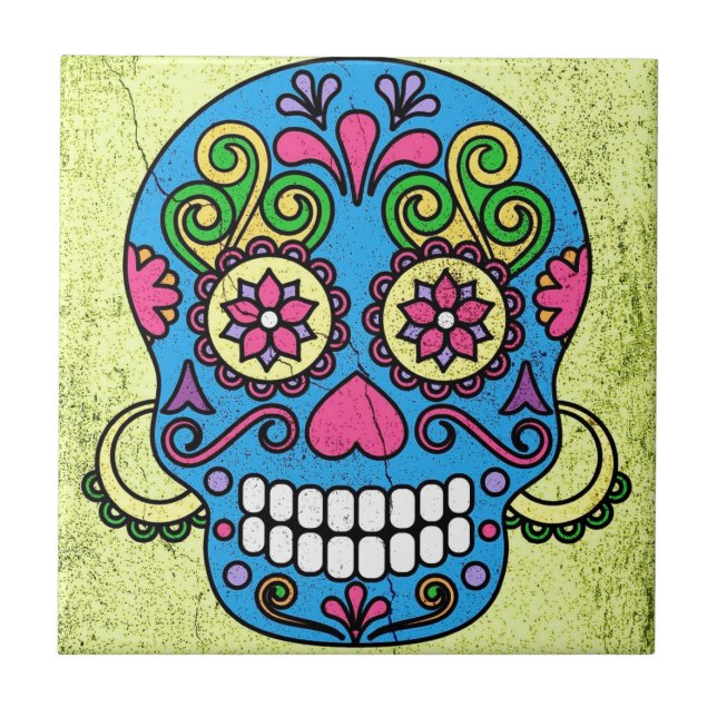 Bright Blue Sugar Skull Day of the Dead! Tile (Front)