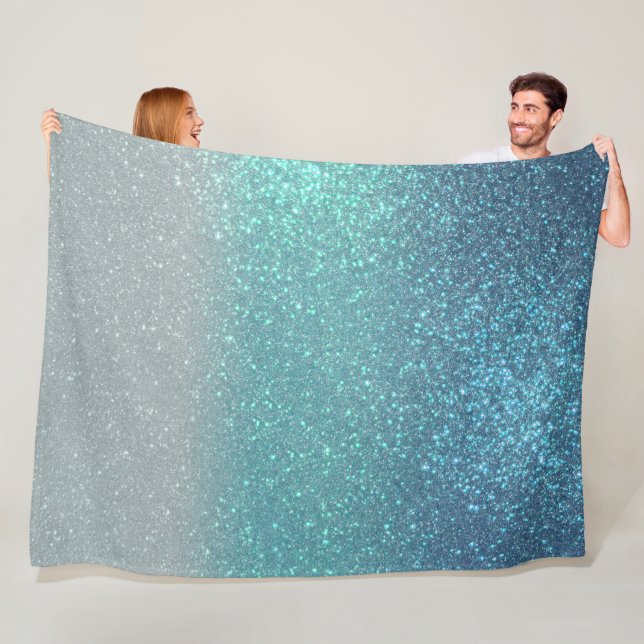 Bright Blue Teal Sparkly Glitter Ombre Gradient Fleece Blanket (In Situ)