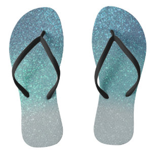 Bright Blue Teal Sparkly Glitter Ombre Gradient Flip Flops