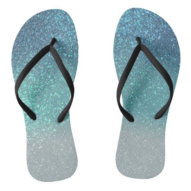 Bright Blue Teal Sparkly Glitter Ombre Gradient Flip Flops (Footbed)