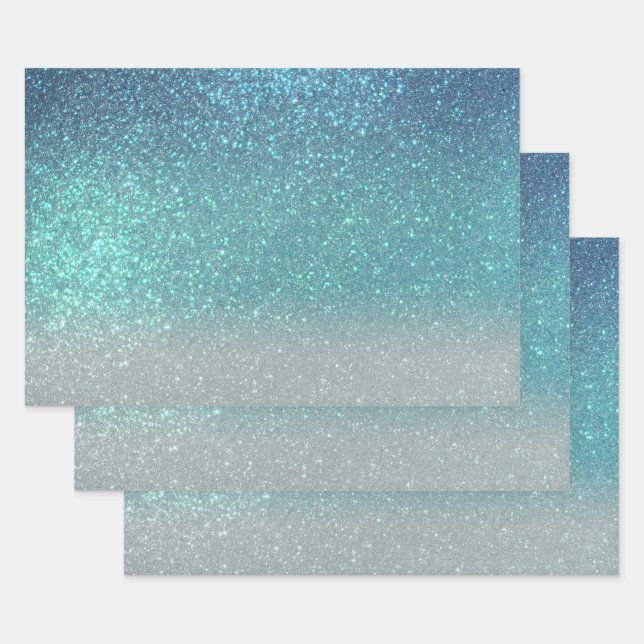 Bright Blue Teal Sparkly Glitter Ombre Gradient Wrapping Paper Sheet (Set)