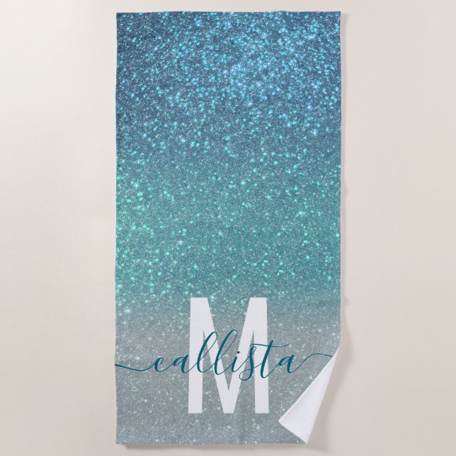 Bright Blue Teal Sparkly Glitter Ombre Monogram Beach Towel (Front)