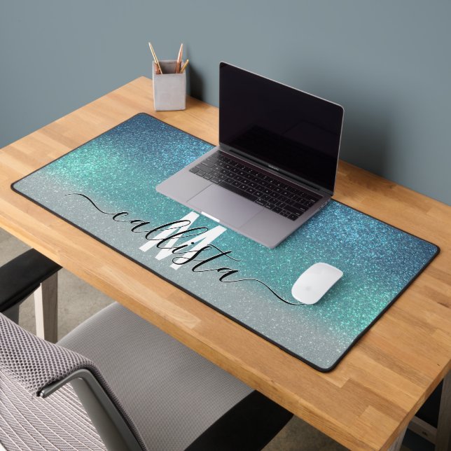 Bright Blue Teal Sparkly Glitter Ombre Monogram Desk Mat (Office 2)