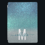 Bright Blue Teal Sparkly Glitter Ombre Monogram iPad Pro Cover<br><div class="desc">This elegant, glamourous, and chic print is perfect for the trendy and stylish girly girl. It features a faux printed sparkly bright blue glitter into teal green into pastel blue triple gradient ombre. It's modern, pretty, girly, unique, and cool. Just customise this design with your own personalised monogram family name...</div>