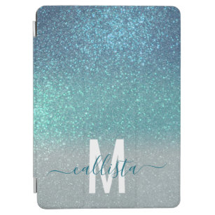 Bright Blue Teal Sparkly Glitter Ombre Monogram iPad Air Cover