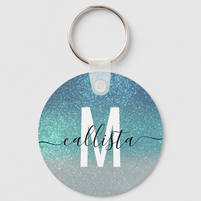 Bright Blue Teal Sparkly Glitter Ombre Monogram Key Ring (Front)