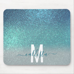 Bright Blue Teal Sparkly Glitter Ombre Monogram Mouse Mat