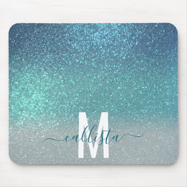 Bright Blue Teal Sparkly Glitter Ombre Monogram Mouse Mat (Front)