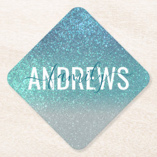 Bright Blue Teal Sparkly Glitter Ombre Monogram Paper Coaster