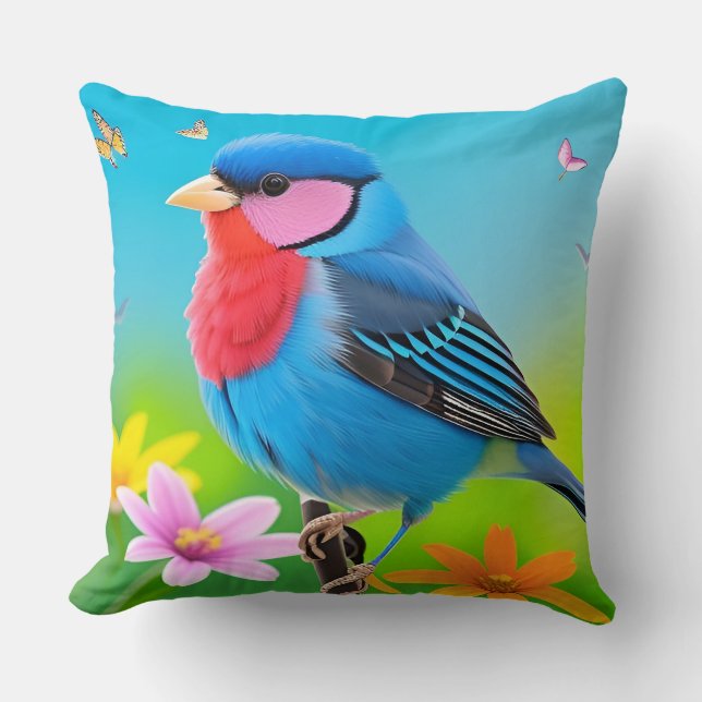 🌺 Bright Blue Tit Floral Design Gift For Her 🐦 Cushion (Front)