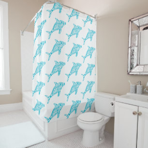Bright Blue Tribal Pattern Dolphin Art Shower Curtain