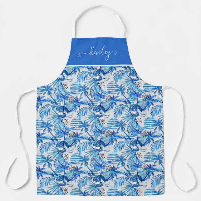Bright Blue Tropical Watercolor Pattern Apron (Front)
