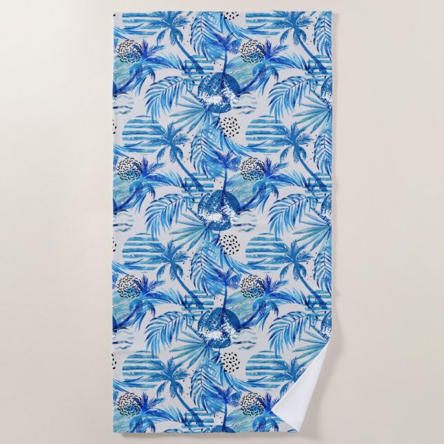 Bright Blue Tropical Watercolor Pattern Beach Towel (Front)