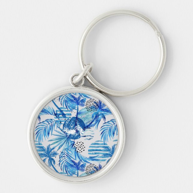 Bright Blue Tropical Watercolor Pattern Key Ring (Front)