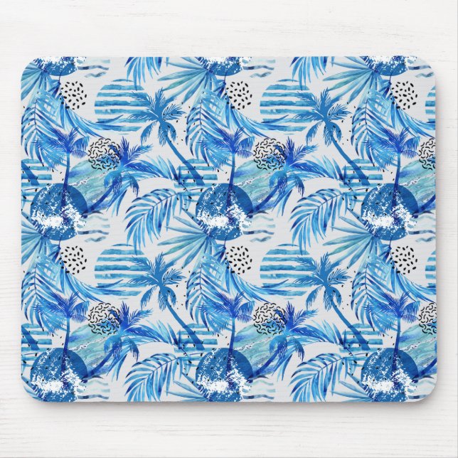 Bright Blue Tropical Watercolor Pattern Mouse Mat (Front)