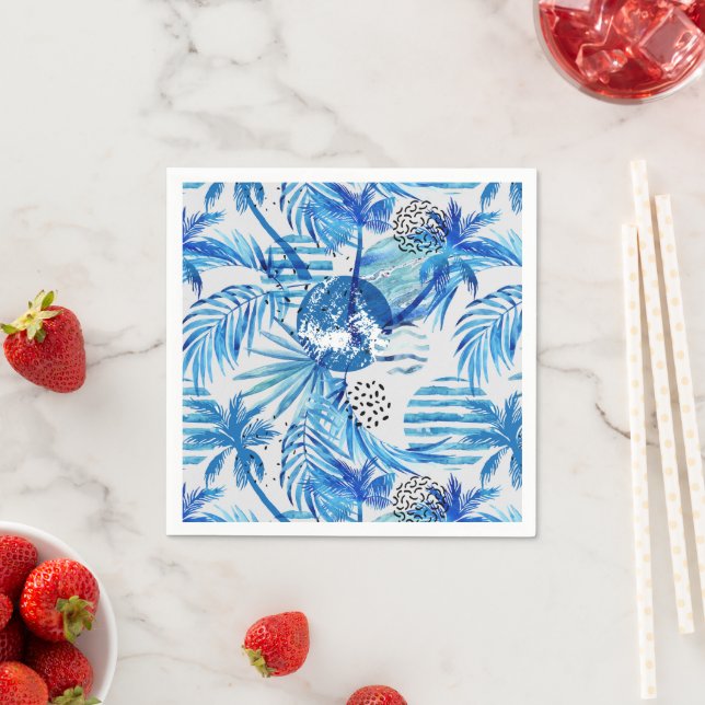 Bright Blue Tropical Watercolor Pattern Napkin (Insitu)