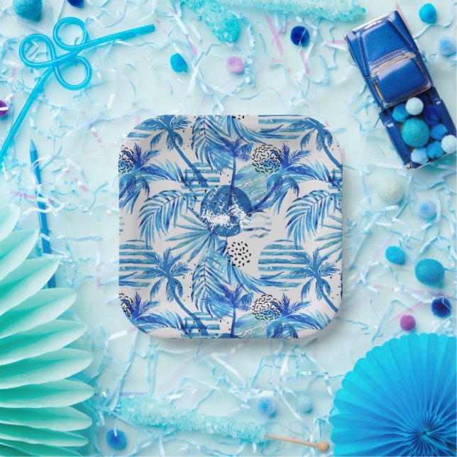 Bright Blue Tropical Watercolor Pattern Paper Plate (Party)