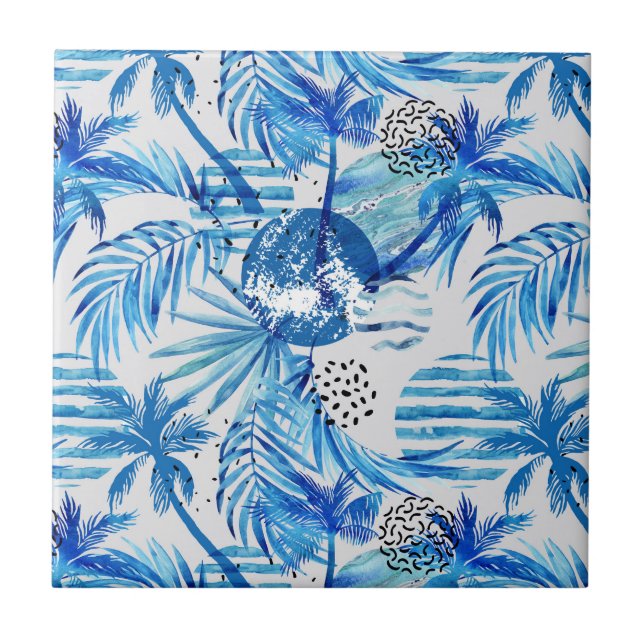 Bright Blue Tropical Watercolor Pattern Tile (Front)