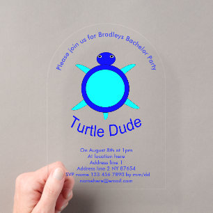 Bright Blue Turtle Dude Custom Bachelor Party Acrylic Invitations