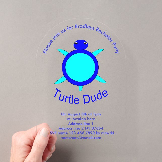 Bright Blue Turtle Dude Custom Bachelor Party Acrylic Invitations (Insitu (Handheld))