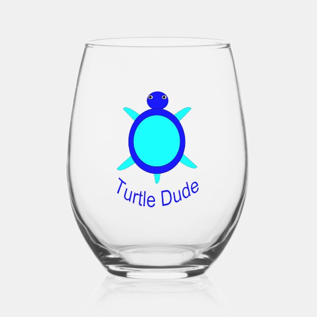 Bright Blue Turtle Dude Stemless Wine Glass (Front)