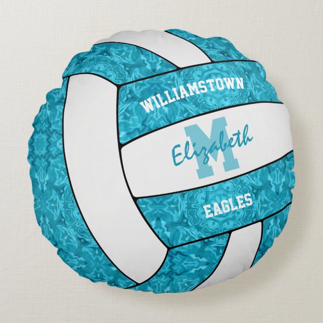 bright blue volleyball girls sports room decor round cushion (Front)