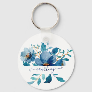 Bright blue watercolor floral personalised key ring
