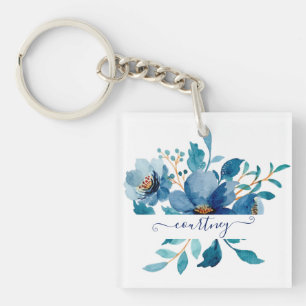 Bright blue watercolor floral personalised key ring