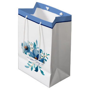 Bright blue watercolor floral personalised  medium gift bag