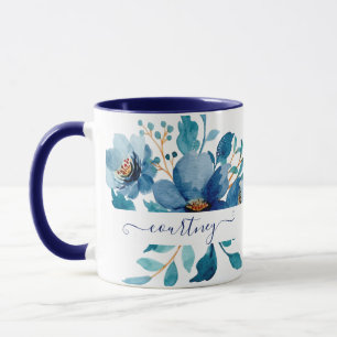 Bright blue watercolor floral personalised mug