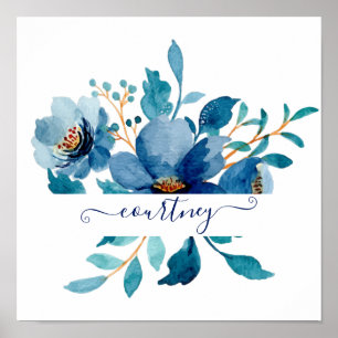 Bright blue watercolor floral personalised poster