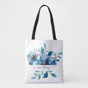 Bright blue watercolor floral personalised tote bag
