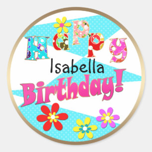 Bright blue white pink kids fun flowers cartoon bi classic round sticker