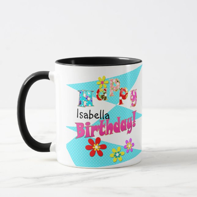 Bright blue white pink kids fun flowers cartoon bi mug (Left)