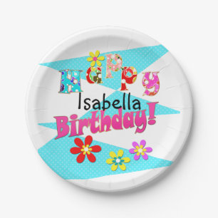 Bright blue white pink kids fun flowers cartoon bi paper plate