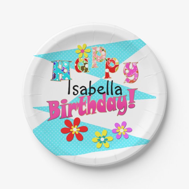 Bright blue white pink kids fun flowers cartoon bi paper plate (Front)