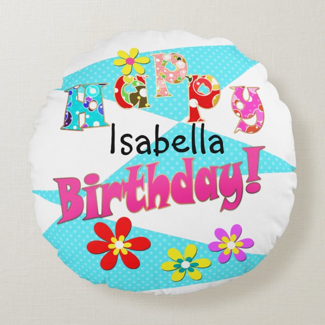 Bright blue white pink kids fun flowers cartoon bi round cushion (Front)