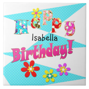 Bright blue white pink kids fun flowers cartoon bi tile