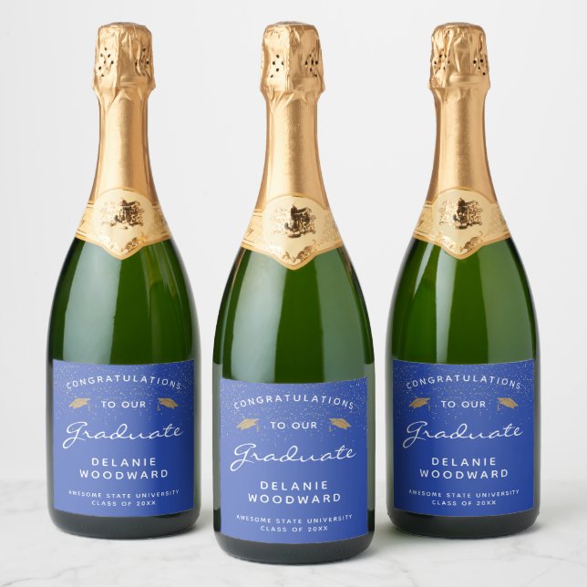 Bright Blue White Script Gold Cap Graduation Sparkling Wine Label (Bottles)