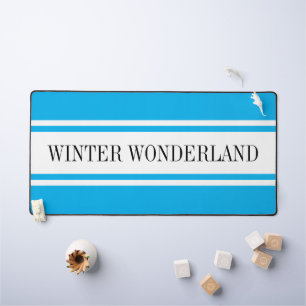 Bright Blue White Stripes WINTER WONDERLAND Text Desk Mat
