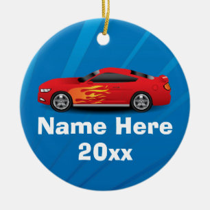 Bright Blue with Red Sports Car Flames Kids Boys Ceramic Tree Decoration