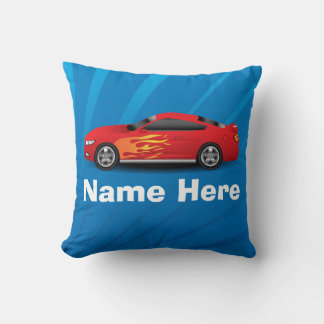 Bright Blue with Red Sports Car Flames Kids Boys Cushion